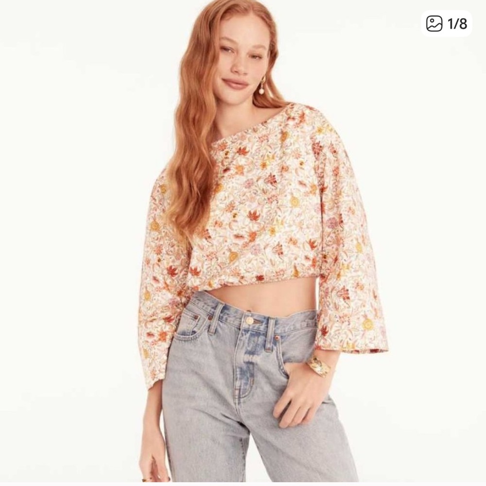 J. Crew Floral Print Blouse in Cream and burnt Yellow Size M